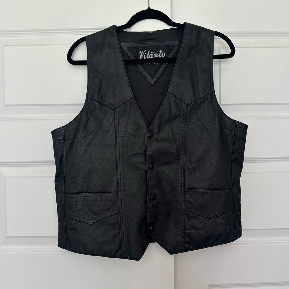 Vilanto Y2K 2000s biker grunge black 100% genuine leather button down vest